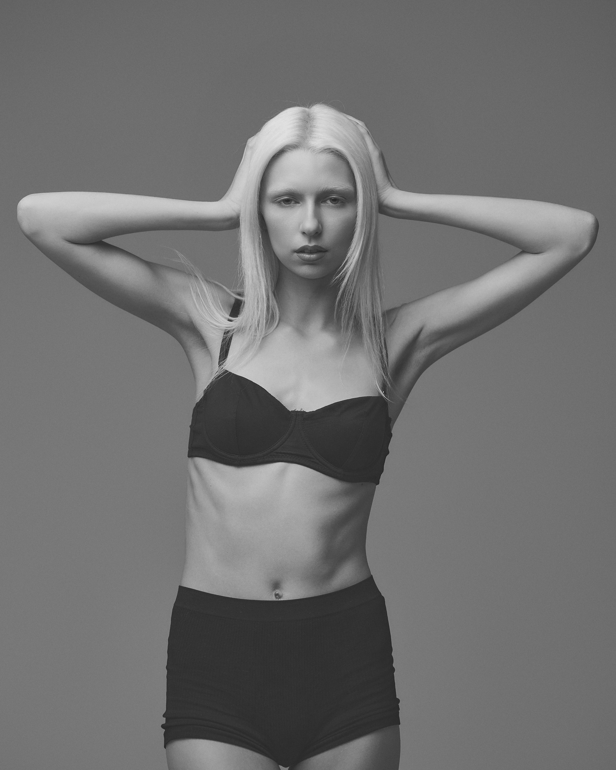 Model Kalie during black and white editorial studio photography session in Dallas, Texas