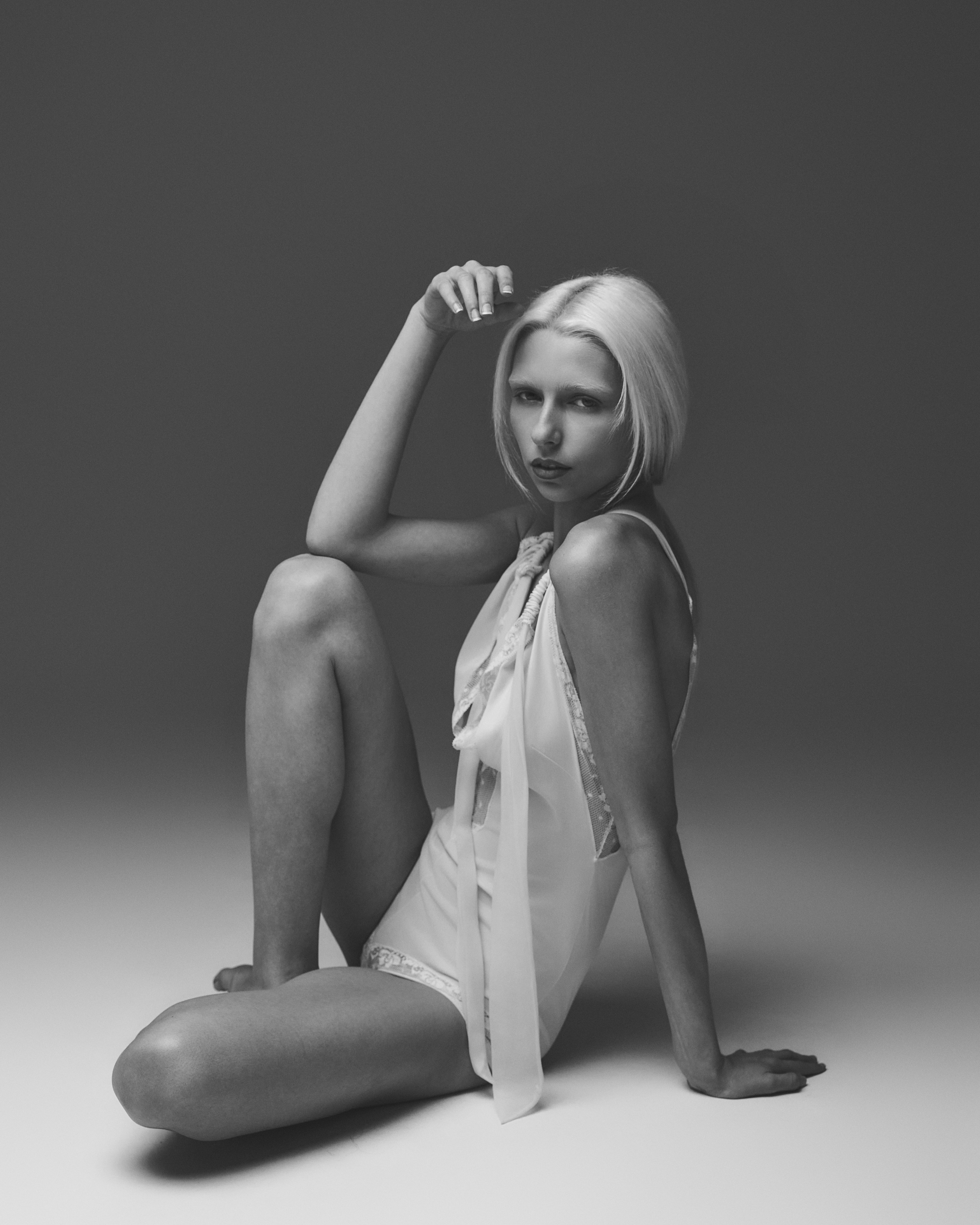 Model Kalie during black and white studio editorial shoot in Dallas, Texas