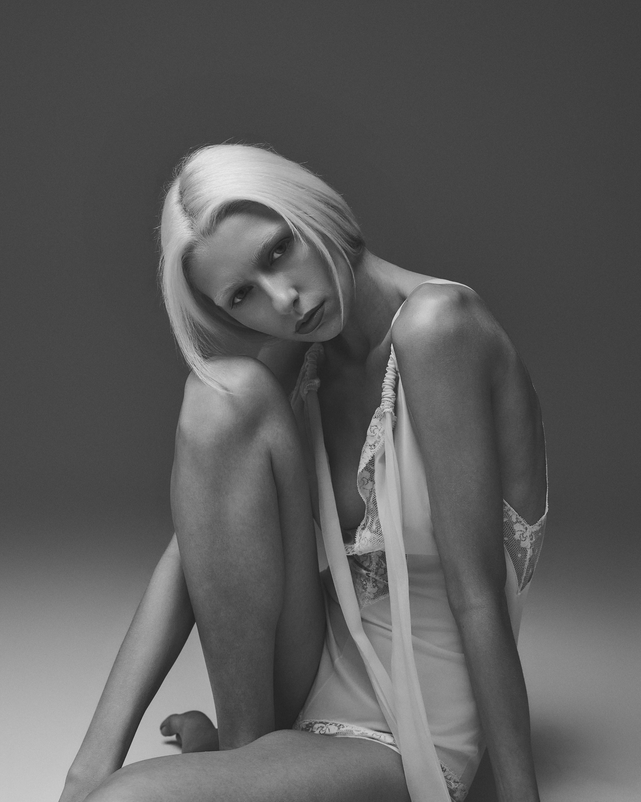 Black and white studio portrait during editorial session in Dallas, Texas