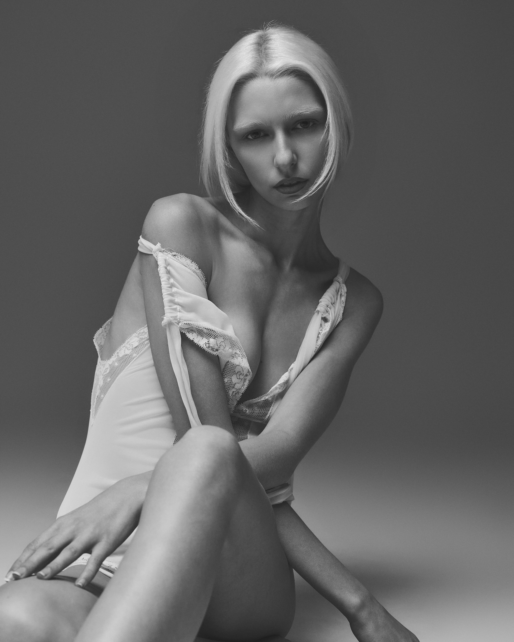 Model Kalie in black and white editorial portrait during studio session in Dallas, Texas